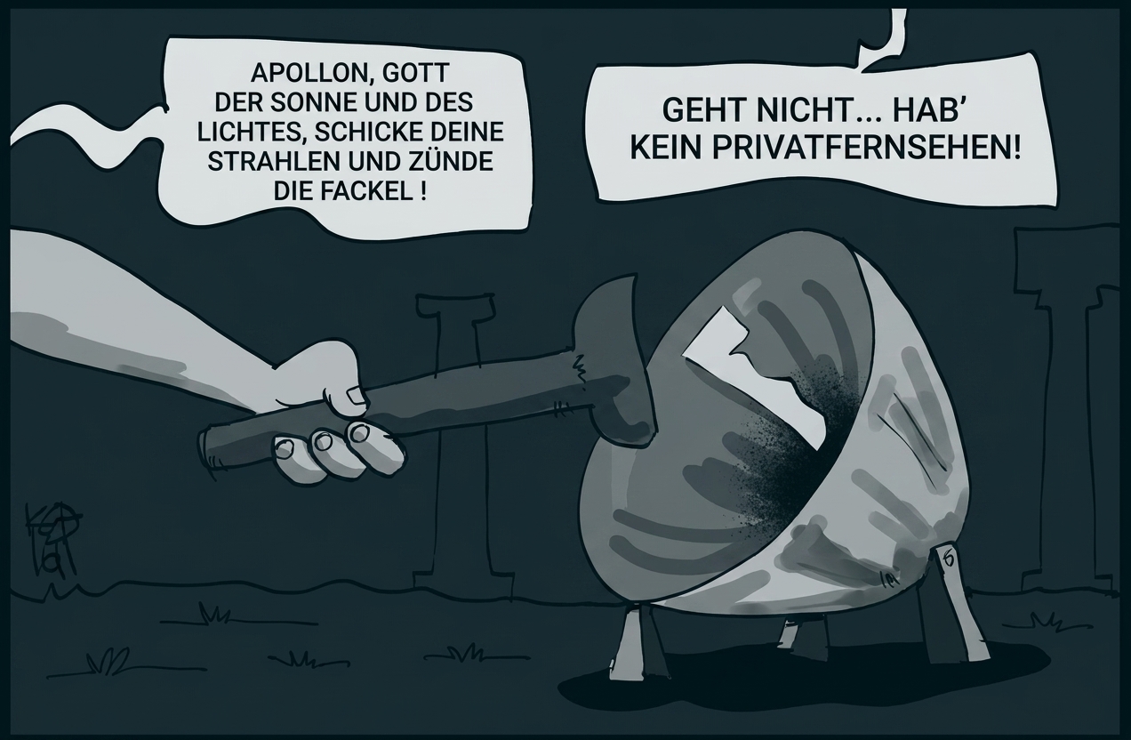 Cartoon: Hand bietet Fackel einer Parabolantenne an; Sprechblasen: "Apollon zünde!" – Antenne: "Hab kein Privatfernsehen."